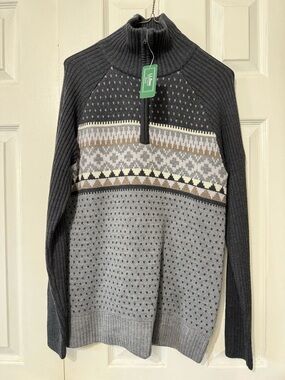 L.L. Bean Charcoal, Gray and Brown Fair Isle Half-Zip Mock Neck Sweater